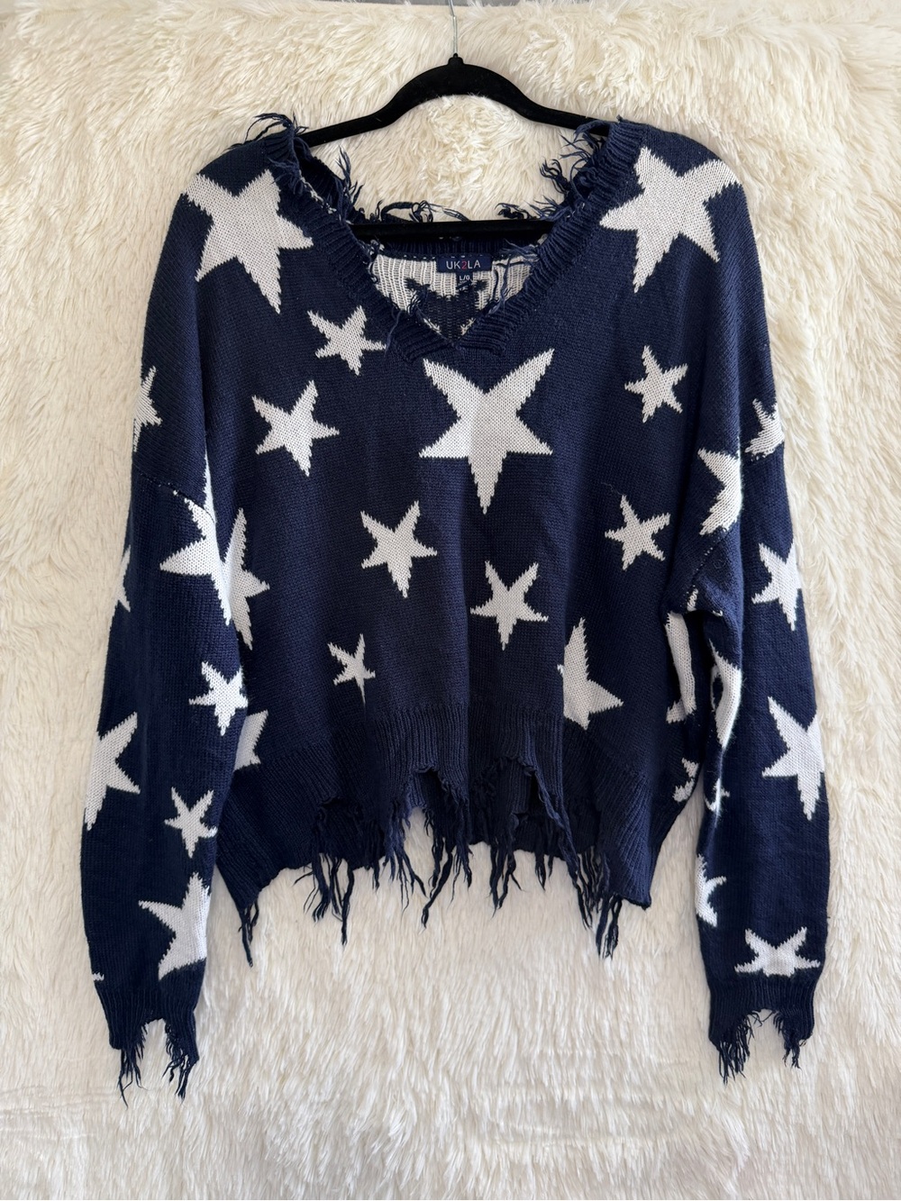 UK2LA Womens Distressed Star Knit V-Neck Sweater Size L Navy Blue Grunge Indie